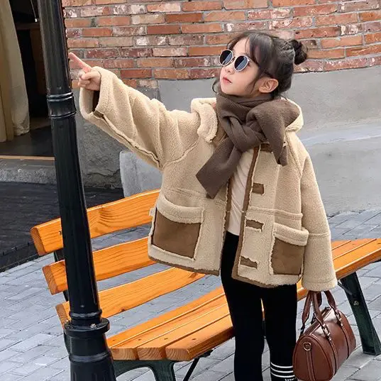 Children's Suede Jacket Autumn Winter Girls Korean Thick Fur One-piece Motorcycle Suit with Suede Double-sided Woolen Sweater