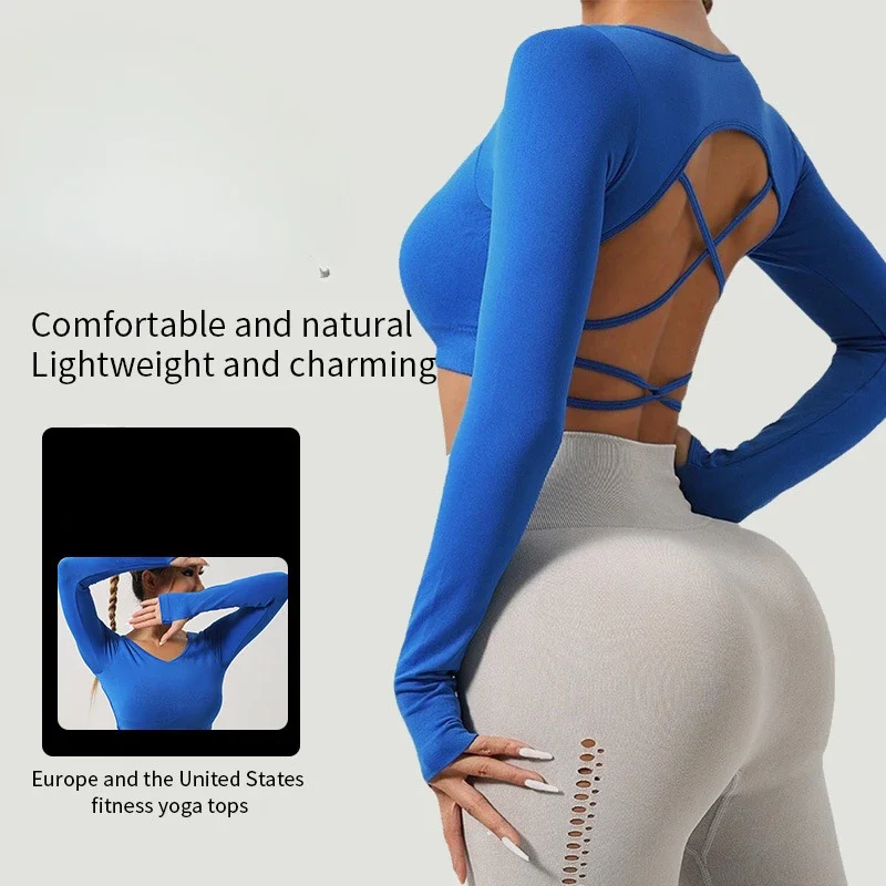 

Sexy Long Sleeve Crop Top Yoga Shirts Running Jogging T-Shirt Women Workout Fitness Gym Training Sports Top Female Active Wear