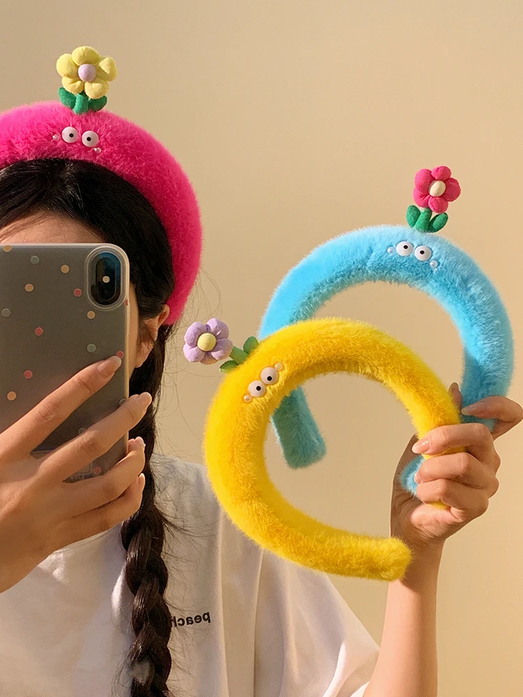 Cute flower cartoon plush candy color headband women wash face headwear