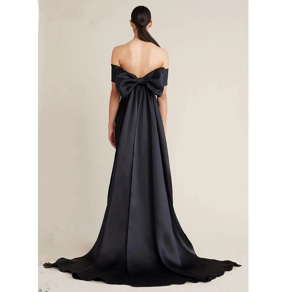 Romantic Black Satin Boat Neck Evening Dresses Mermaid Off Shoulder Prom Party Formal Gowns Backless For Women Robe De Soiree