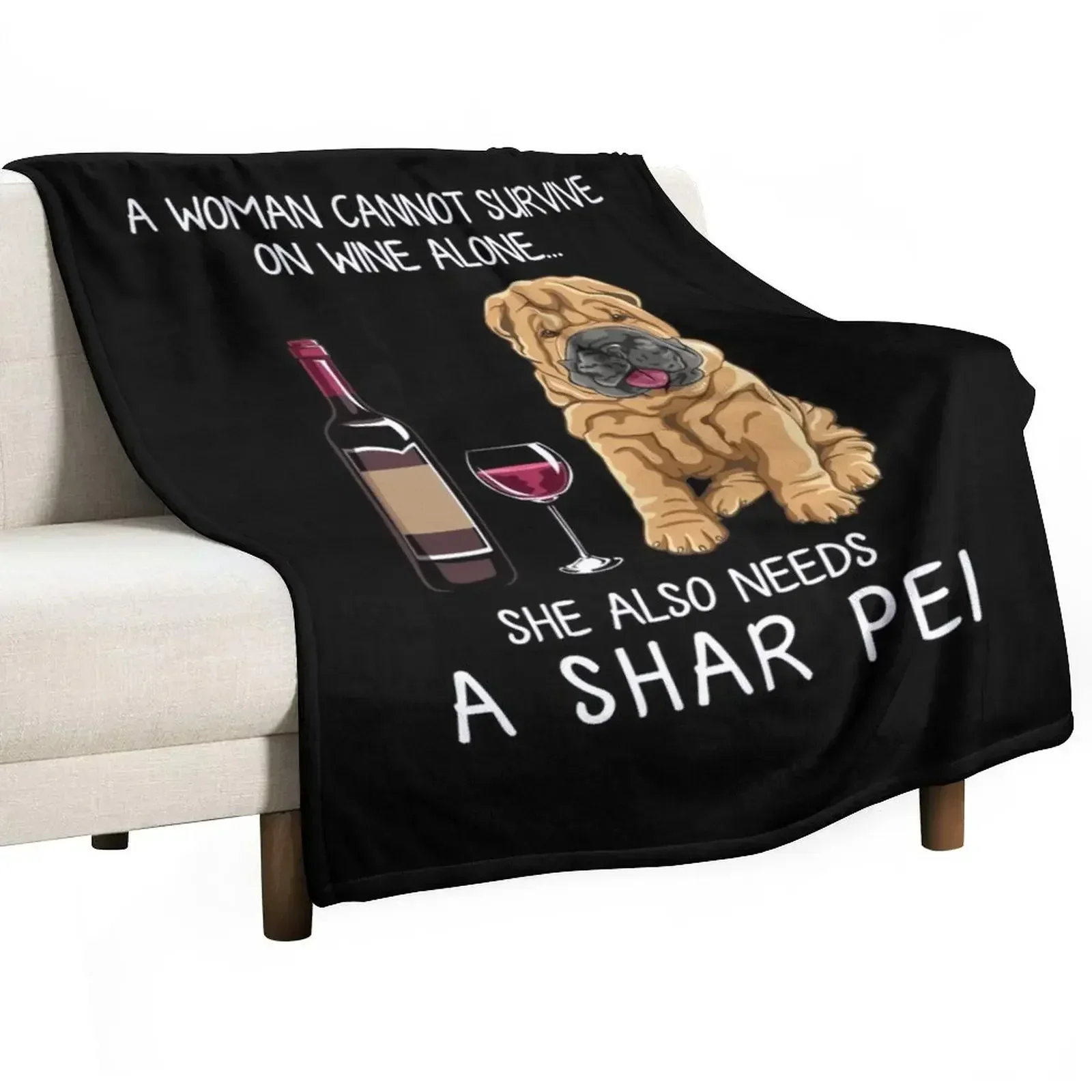 Shar Pei and wine Funny dog Throw Blanket Cozy Napping Blanket Gift for Mom Dad