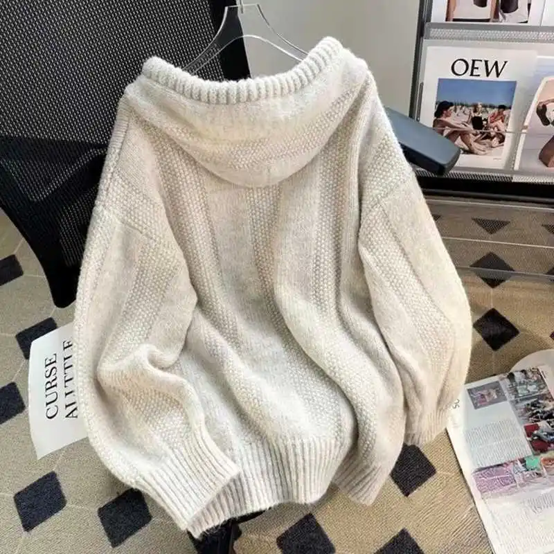 Coffee Color Hooded Sweater with Autumn And Winter Korean Loose And Lazy Style Soft And Thick Drawstring Knit Hoodie Top Female