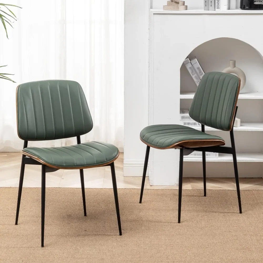 A set of 2 modern faux leather dining chairs, equipped with walnut cushioned metal legs and adjustable feet (green)