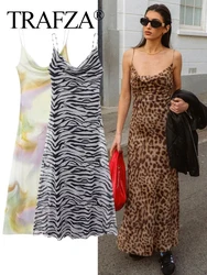 TRAFZA Women Sexy Leopard Print Gauze Sling Dress Sleeveless Backless Hip Package Party Dresses Female 2024 Summer Evening Robe