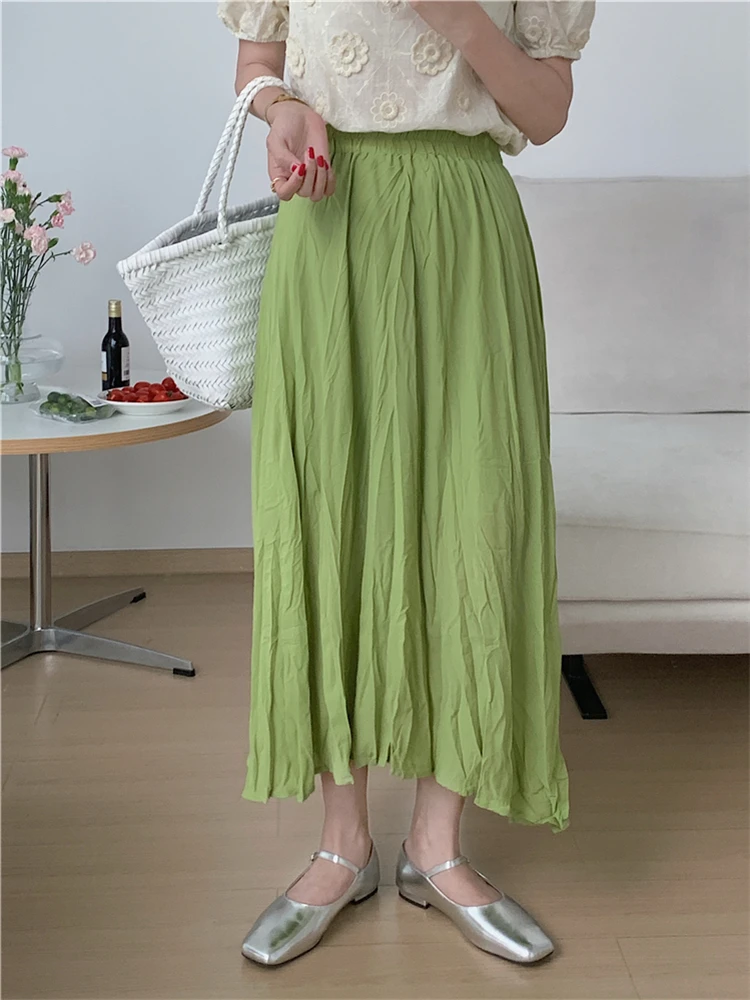 Seoulish Spring Summer Solid Pleated Women's Mi-long Skirts 2022 New High Waist Country Style Umbrella A-Line Skirts Female