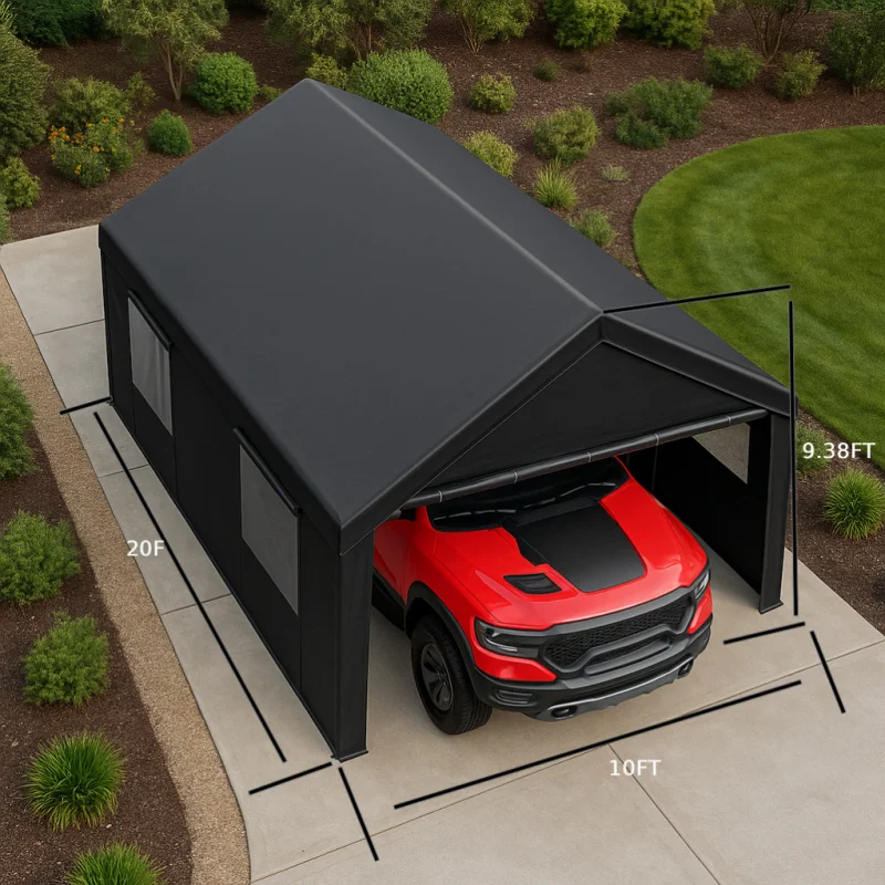 

Усиленный навес для автомобиля 12x20 футов с окном на роликовых шторках, съемными боковыми стенками и переносным гаражом, с мешками с песком, всесезонный.