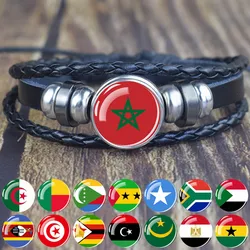 Africa Country Flag Bracelets Men Women Algeria Sudan Tunisia Morocco Flag Glass Dome Black Leather Charm Bangles Punk Jewelry