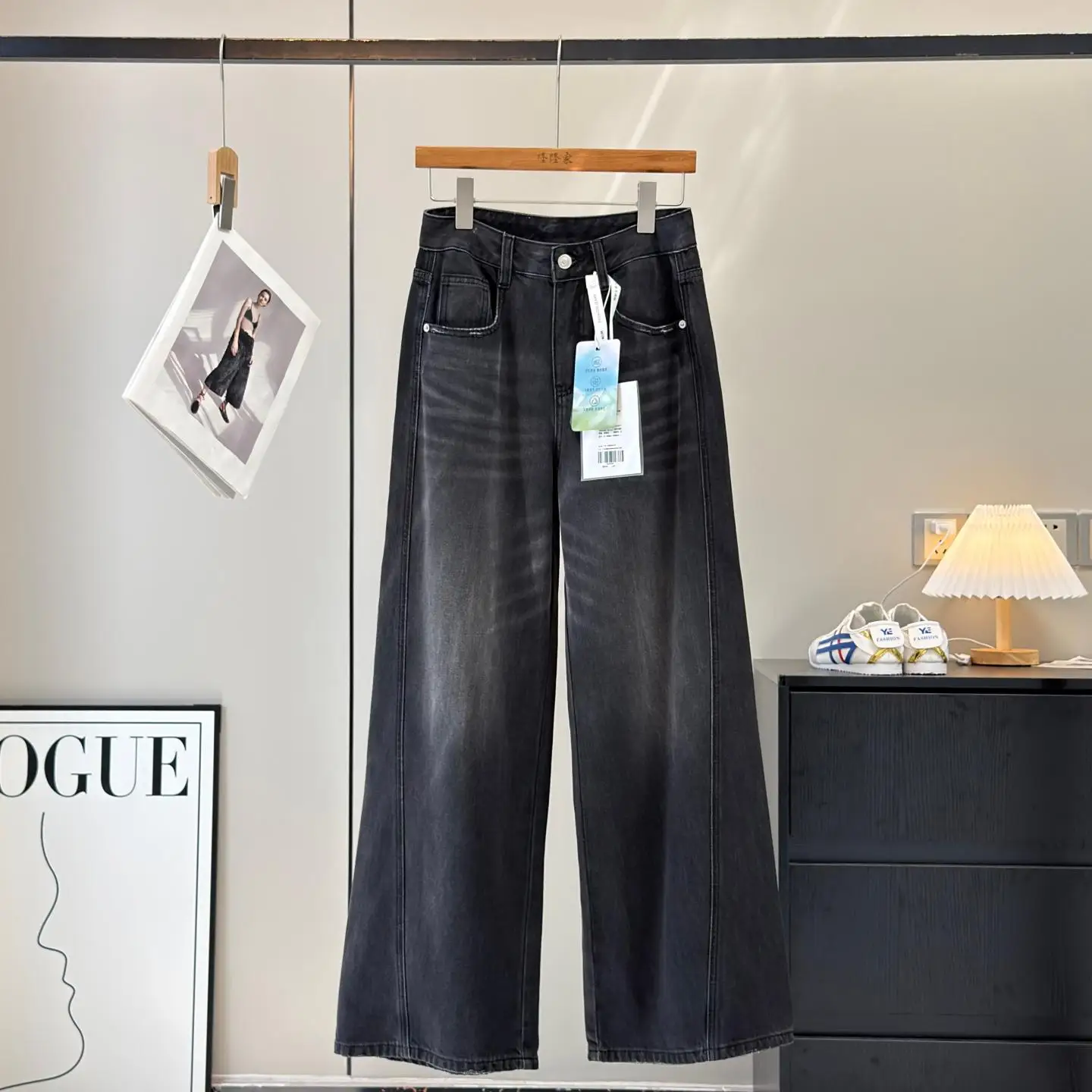 

Джинсы с высокой талией и прямыми штанинами, свободные широкие брюки из смесового хлопка в ретро-стиле, черные и серые, для женщин, весенний сезон