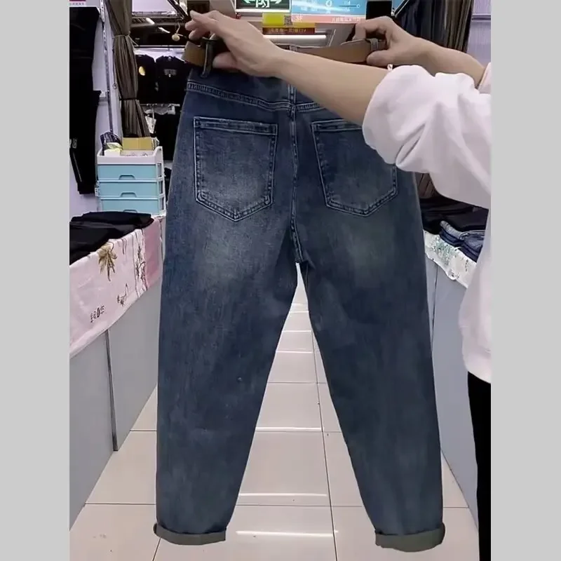 المألوف عالية الخصر مطاطا الدينيم الجينز المرأة فضفاضة نمط الرجعية رصاصة صغيرة سليم هارلان السراويل منتصف الخصر سستة الديكور