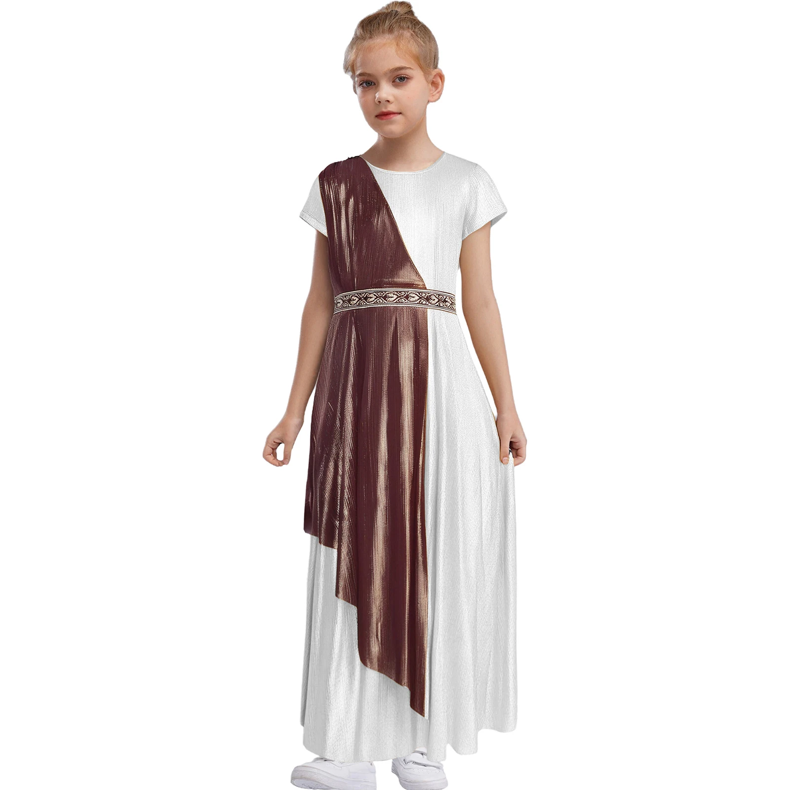 

Kids Girls Greek Toga Princess Queen Cosplay Robe Short Sleeve Drape Vintage Metallic Dress for Halloween Carnival Party Dress