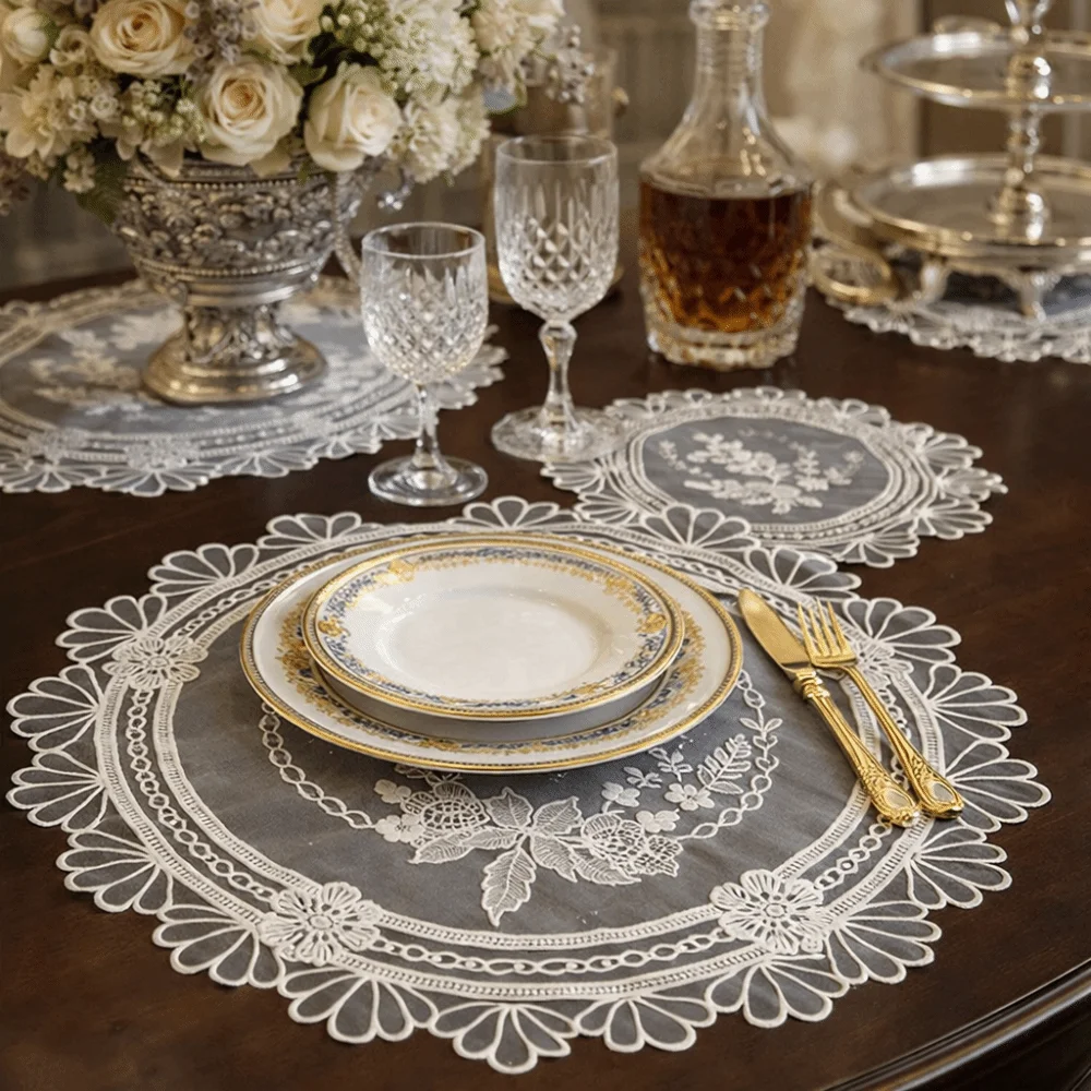 Lace Embroidery Table Cloth Tray Mat European Round Embroidered Lace Placemat Transparent White Coffee Coaster Beside Table