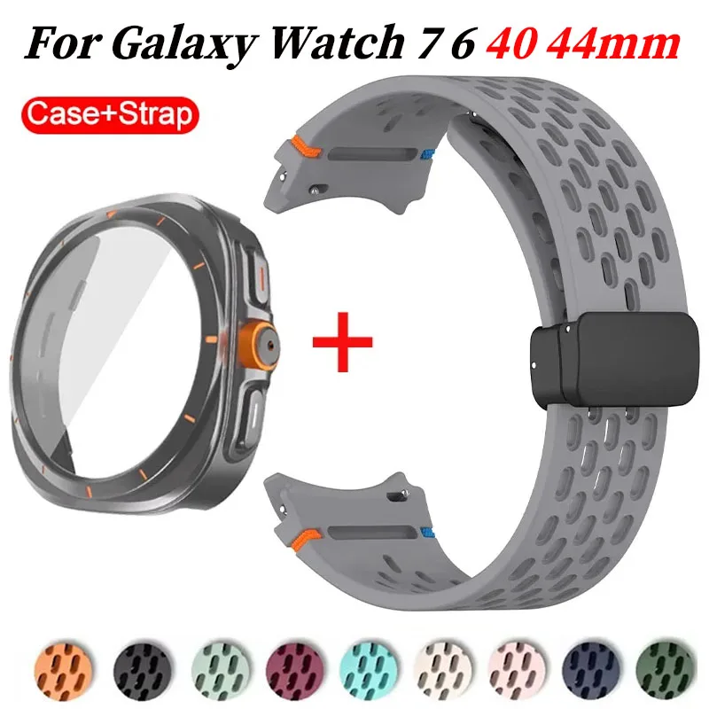 

For Samsung Galaxy Watch 6 7 40mm 44mm Silicone Magneti Buckle Band+Change To Case Tempered Glass Full Protective Cover Bumper