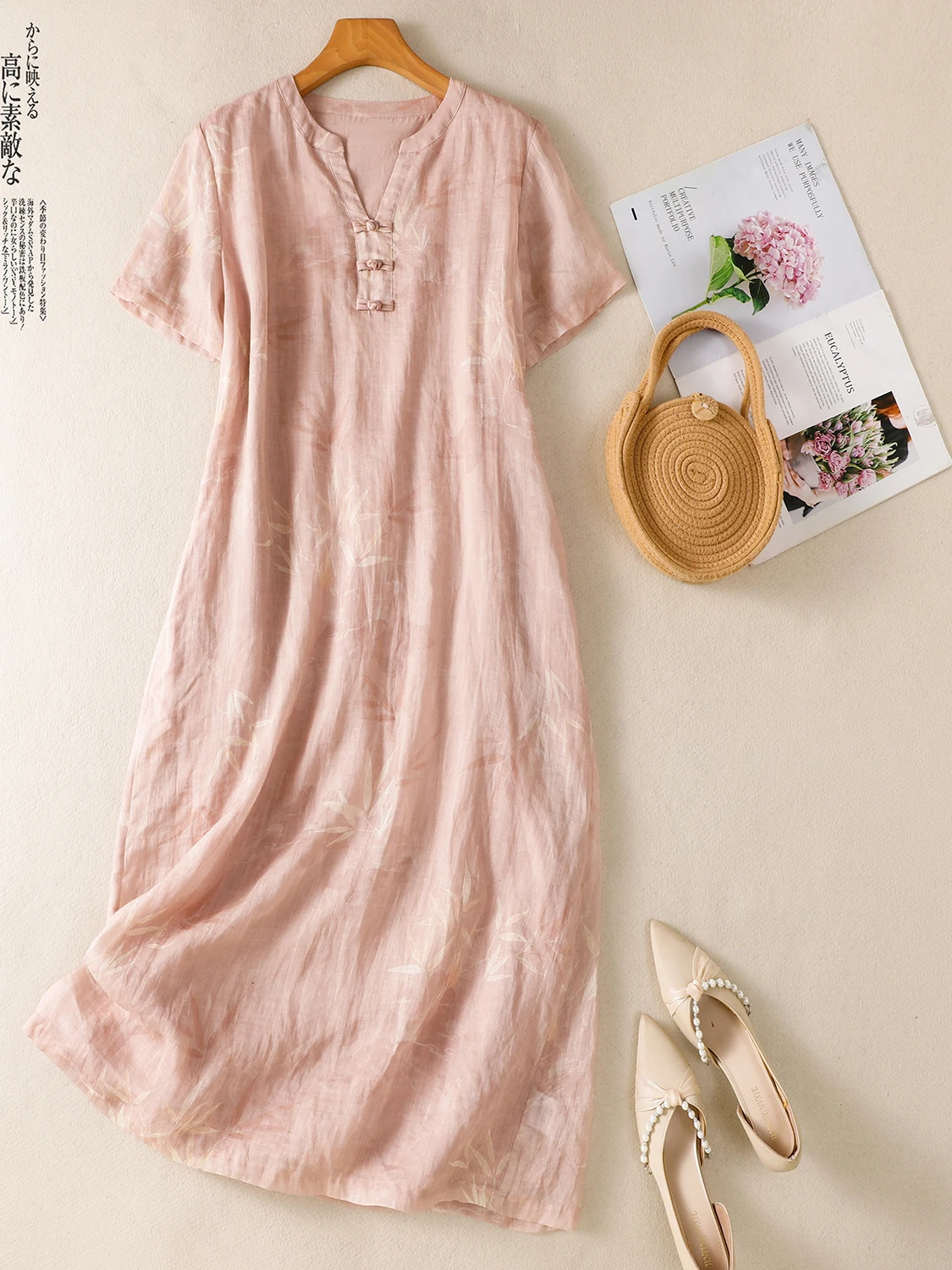 

Large Size Cotton Linen V-ne Print Qipao Dr Women's Faion Commute Sle A-line Skirt ort Sve Mid-length Dr