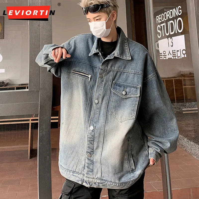 Hip Hop Men's Washed Distressed Denim Jacket Streetwear Autumn Zipper Lapel Single Breasted Outerwear Jeans Jacket Y2k Unisex