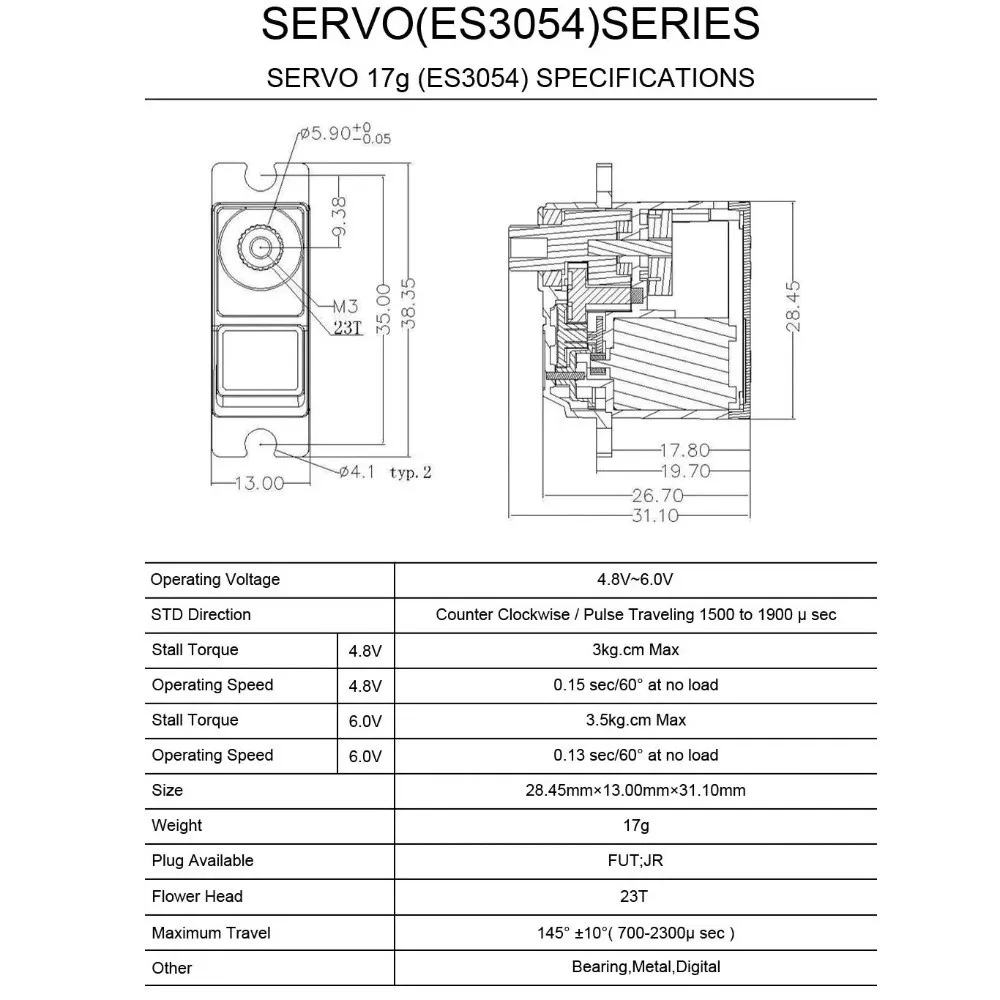 4.8V - 6.0V 17g 3.5kg 0.13sec 23T Emax ES3054 Servo numérique engrenage métallique pour modèle d'avion RC mise à niveau ES3154
