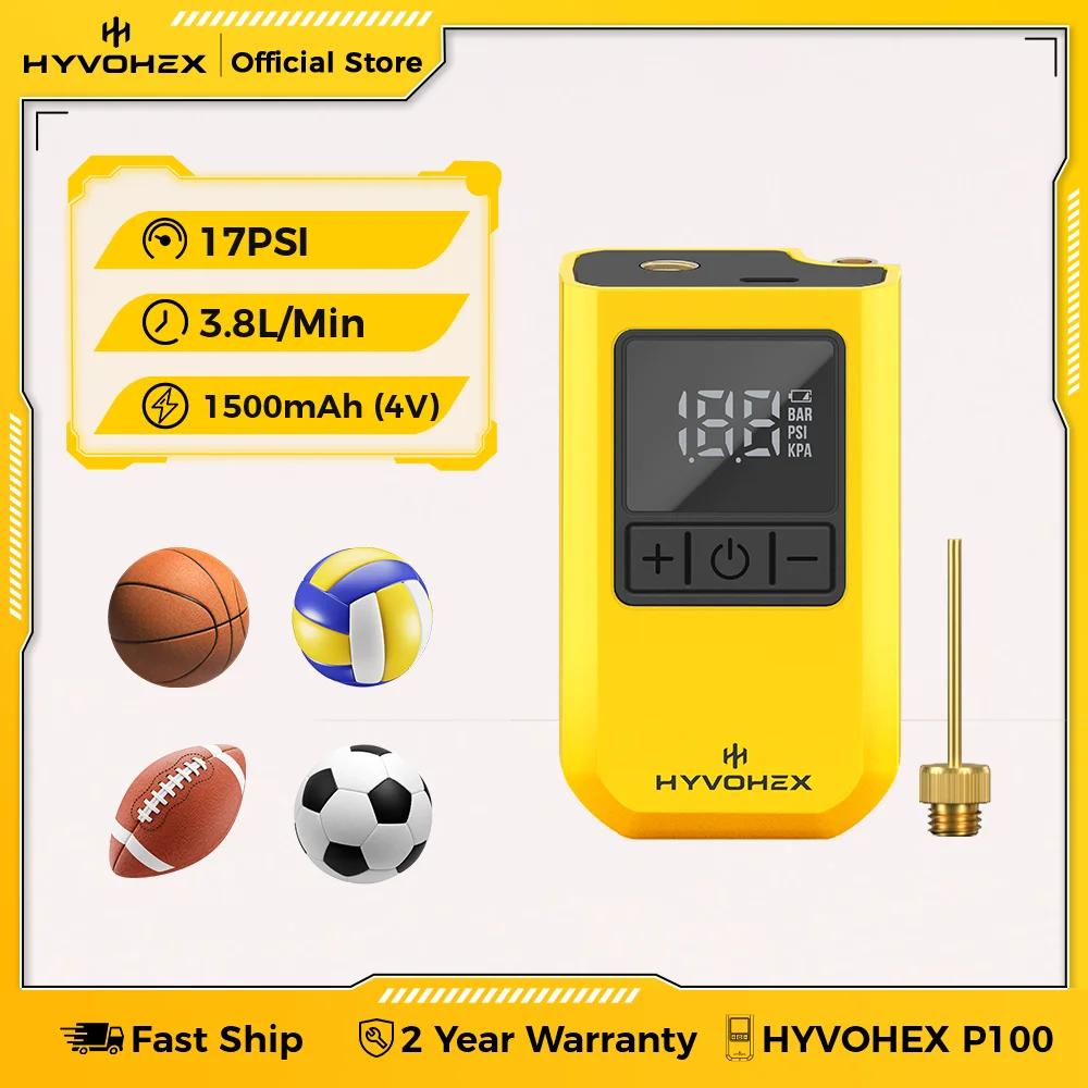 

HYVOHEX P100 Портативный электрический шариковый насос с цифровым светодиодным дисплеем, воздушный насос с предустановленным давлением для мячей, баскетбольный насос с иглой для мячей