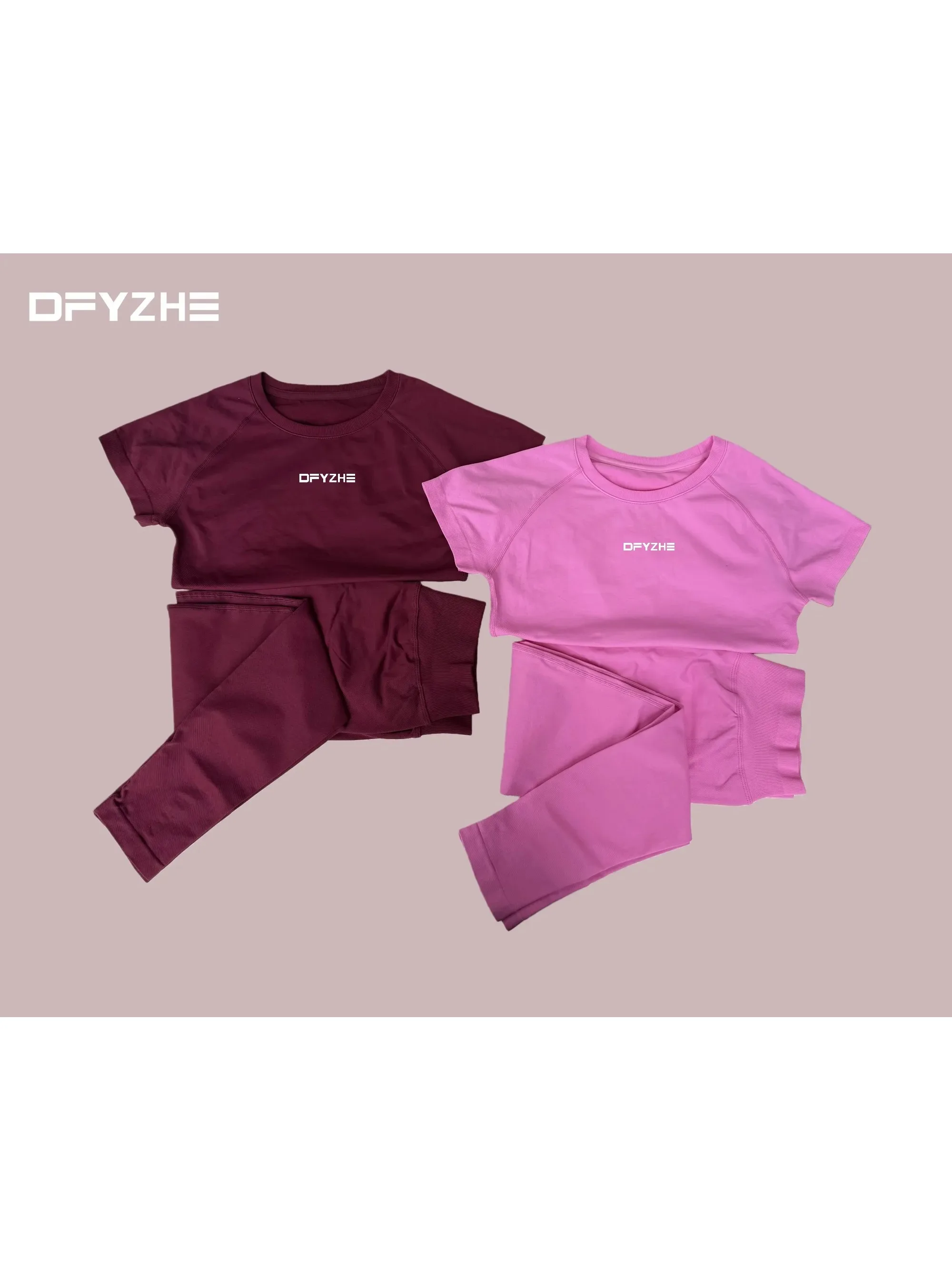 DFYZHE damesbroekenset met korte mouwen en ronde hals, yoga-legging, fitness-sportkleding, tweedelige set, fietsen en hardlopen - afbeelding 2