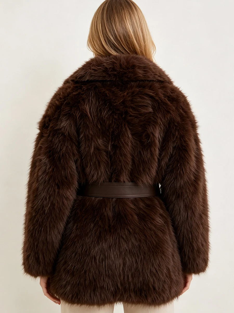 LIMO Women Shaggy Faux Fur Coat Wide Notch Lapel Matching Belt Fluffy Warm Winter Elegant Fashion Outer Jacket