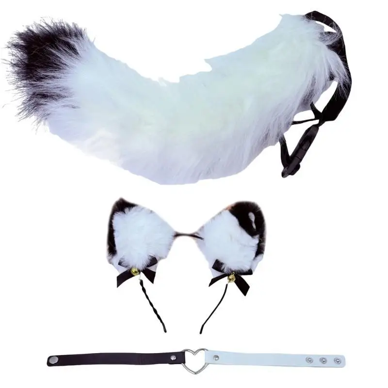 652F Foxes Ears Headband Tail Fuzzy Cats Ear Headband Tail Choker Halloween Cosplay Party Cats Costume Accessories Kid Adult