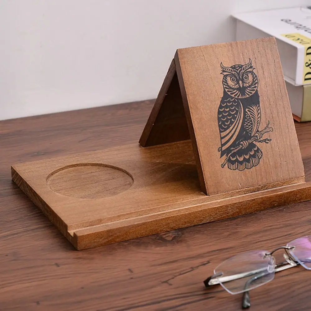 

Removable Wooden Reading Stand Handmade with Cup Holder Multifunctional Recipe Shelf Sturdy Owl Mobile Phone Stand