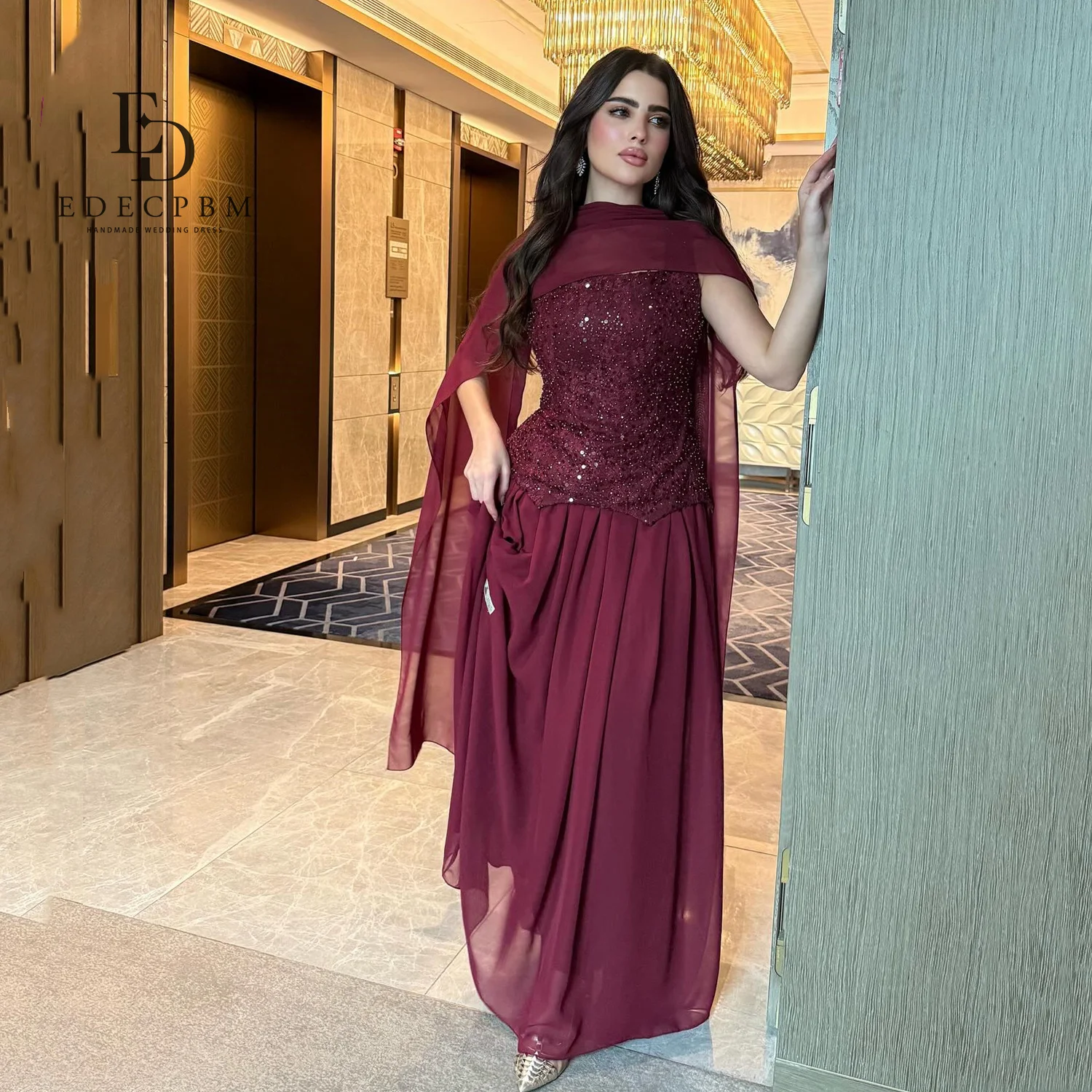 

EDECPBM Guest Wedding Evening Dresses 2025 Luxury Crimson Red Vestidos De Festa Women Evening Dress Customized Sequins Chiffon