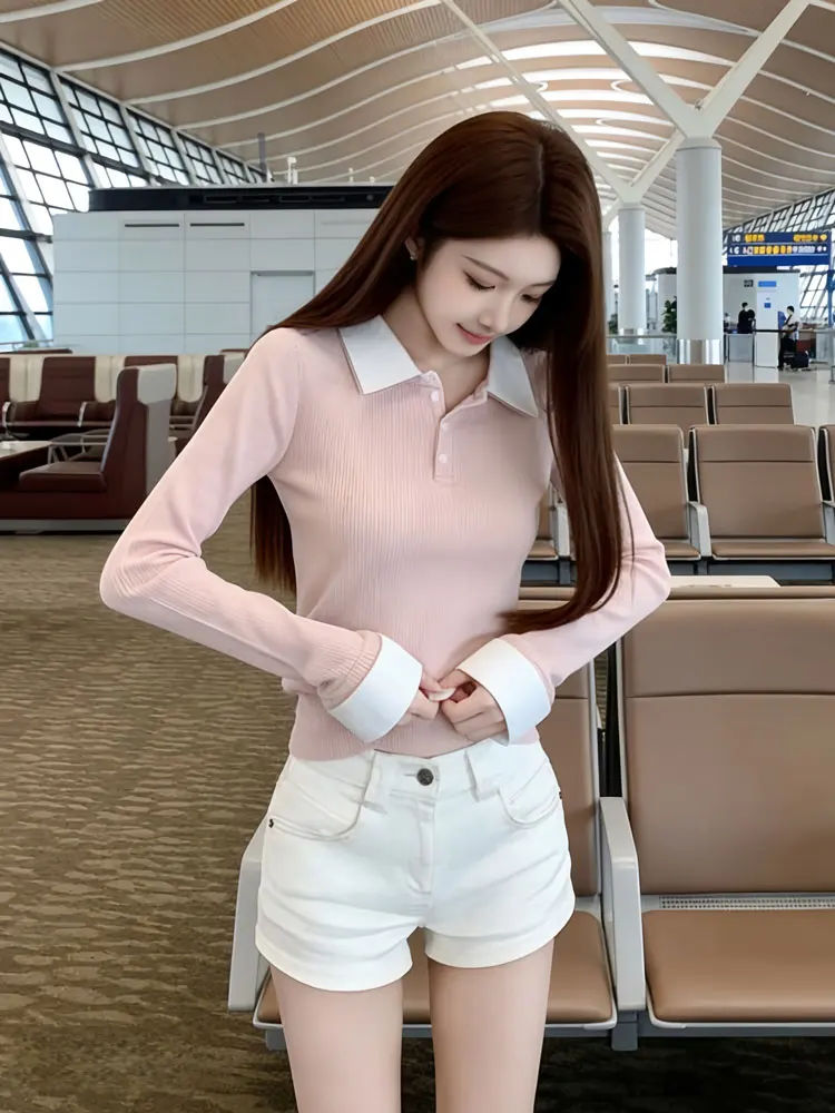 

Slim Fit Long Sve irt Sle Padded Knitted Top Women's Korean Casual Faion Spring Season Soft Material Basic Sle