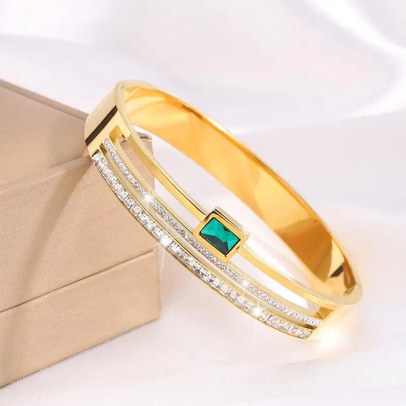 Gold Color Stainless Steel Wide Bangle Double Row Crystal Zircon Bracelet For Women High Quality Fashion Jewelry Gift