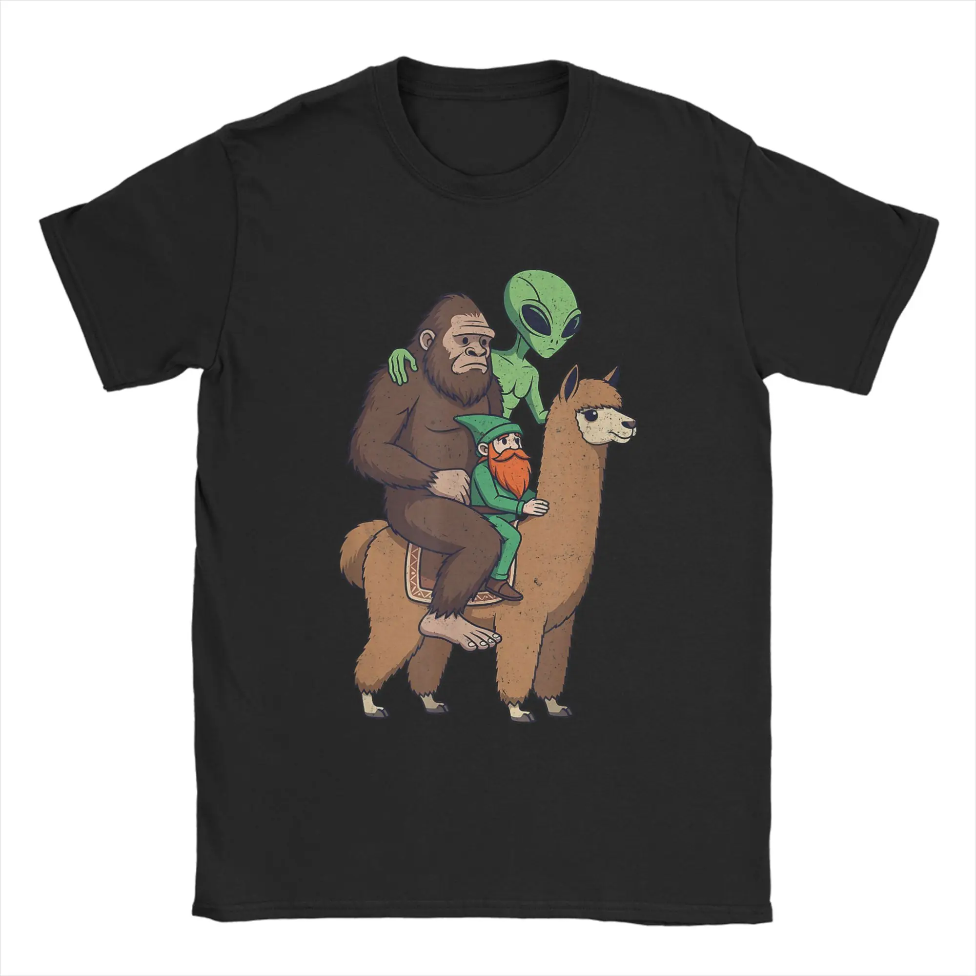 

Bigfoot Alien Gnome Riding an Alpaca Cotton T Shirt For Men's Summer Y2K Basic T-Shirts O Neck Popular Tees Oversize Custom Tops