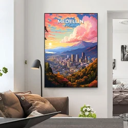 Travel Poster Colorful Medellin Colombia Skyline Oil Painting Print A City In The Mountains Landscape Canvas Painting Home Decor