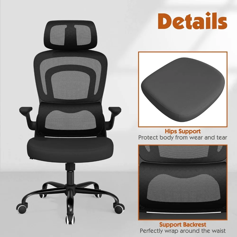 Silla ergonómica de oficina para el hogar, asiento de escritorio con soporte Lumbar ajustable, espalda alta, silla de malla para ordenador, color negro