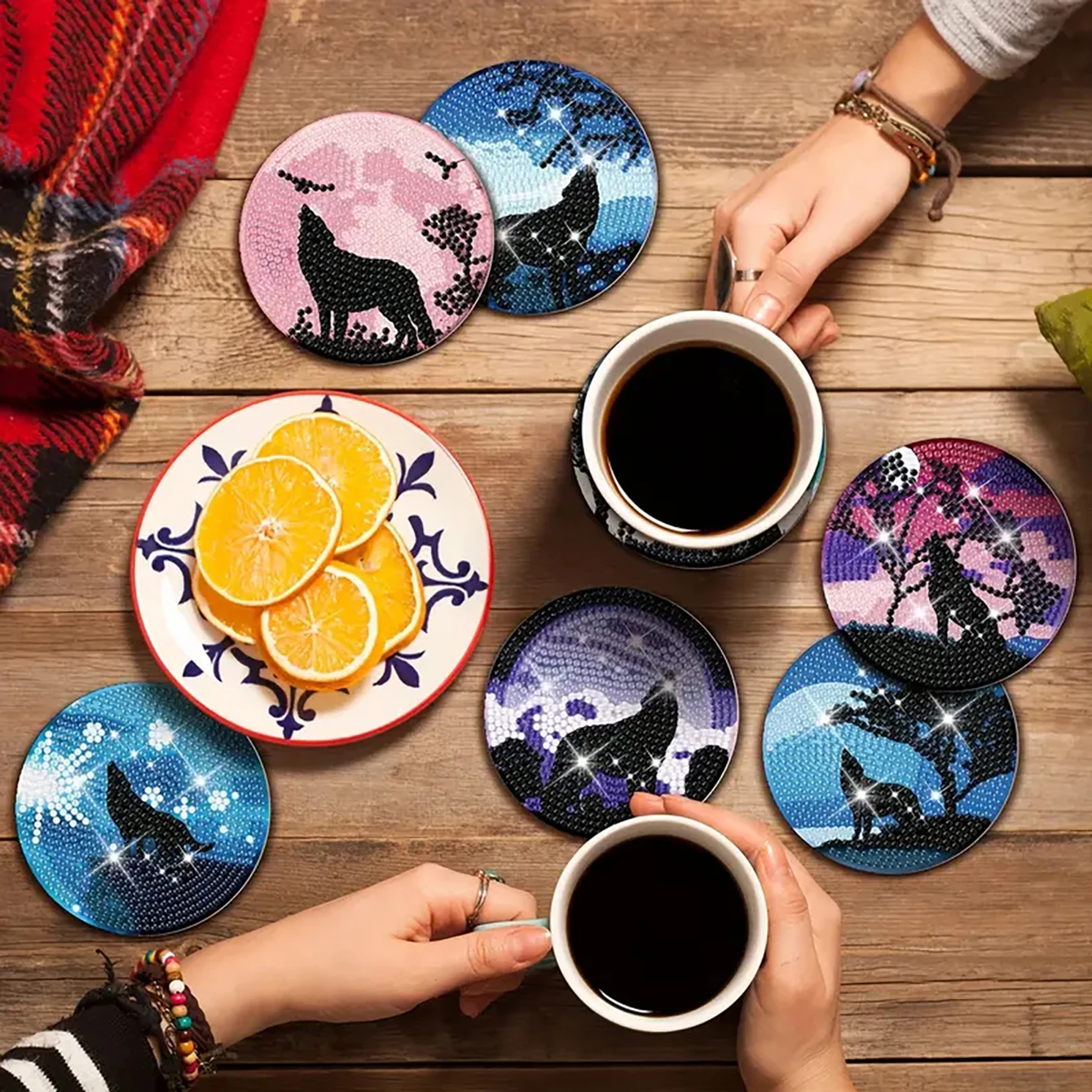8 pieces/set of animal wolf diamond painting coaster set, DIY coaster with holder, beginner and adult diamond craft gift
