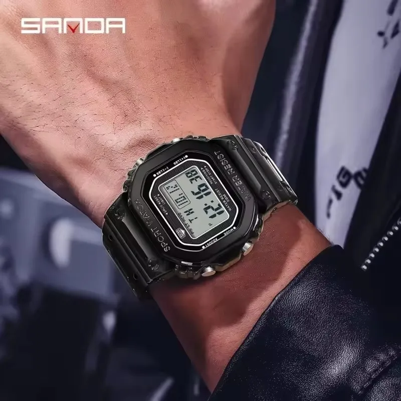 SANDA 2162 Men's Electronic Watch Square Multifunctional Watch Fashion Waterproof Night Light Sports Student Digital Watch Gifts