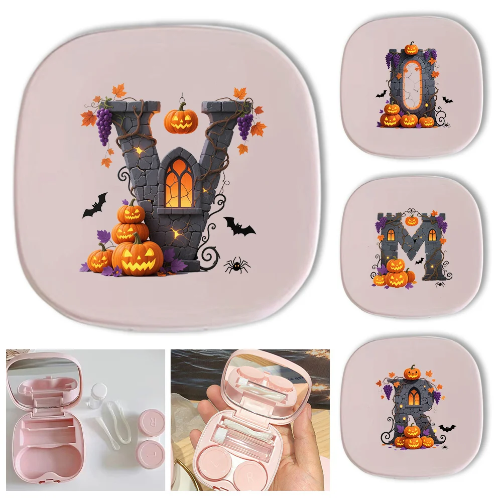 

Durable Contact Lens Organizer with Mirror Women Contact Lens Container Case with Duplex Box Tweezers Halloween Letters Pattern