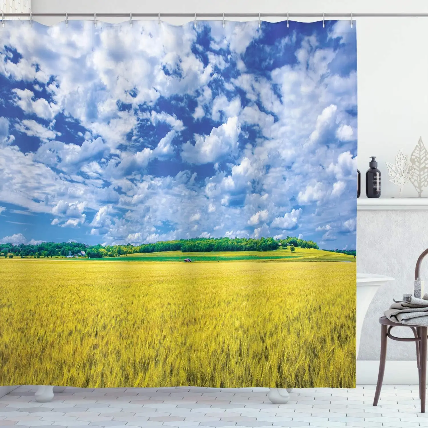 

Wheat Field Shower Curtain with Hooks – Kansas Countryside, Sunny Summer Farm Scene, Apple Green Blue White Rural Decor