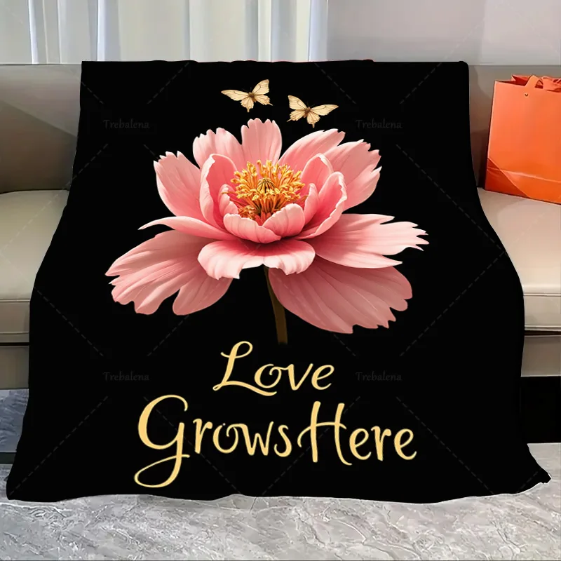 

1pc Flannel Blanket "Love Grows Here - Pink Flower & Butterflies Black Blanket for Cozy Home Decor"