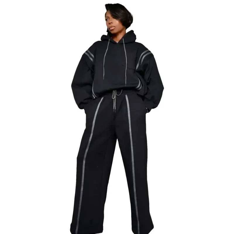 Active Ribbon Striped Women's Set Long Sleeve Hoodies +Jogger Pants 2025 Fall Winter Two 2 Piece Sets Outfits Tracksuit