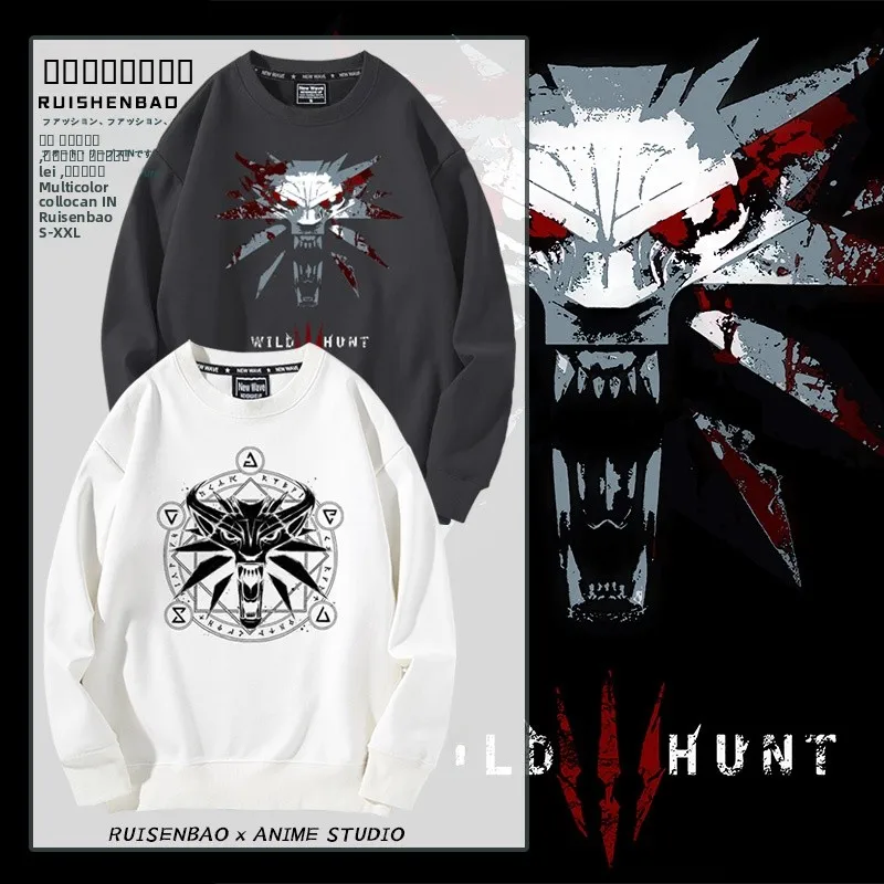 

Толстовка с логотипом Wild Hunt White Wolf Geralt, круглый вырез горловины, весна-осень, мужская повседневная толстовка свободного кроя с принтом