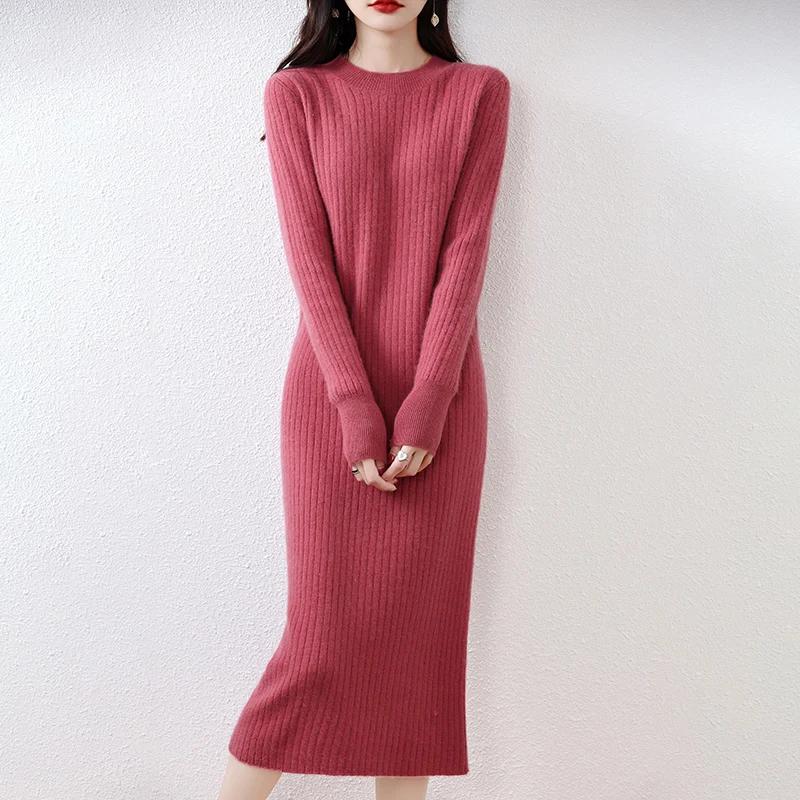 2023 Winter Cashmere Dresses Hot Sale 100% Pure Wool Knitted O-neck Sweater Women Long Sleeve Standard Knitwear