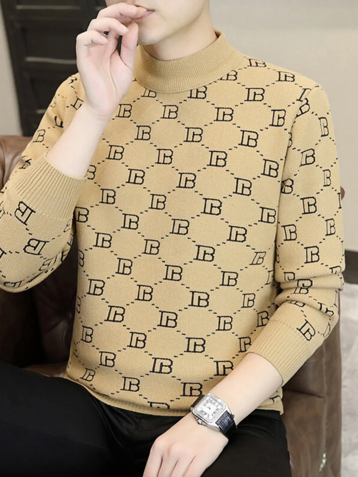 

Мужской шерстяной свитер Thiened, осень-зима, высокий воротник, модная брендовая вязаная основа с вышивкой букв, теплая линия...