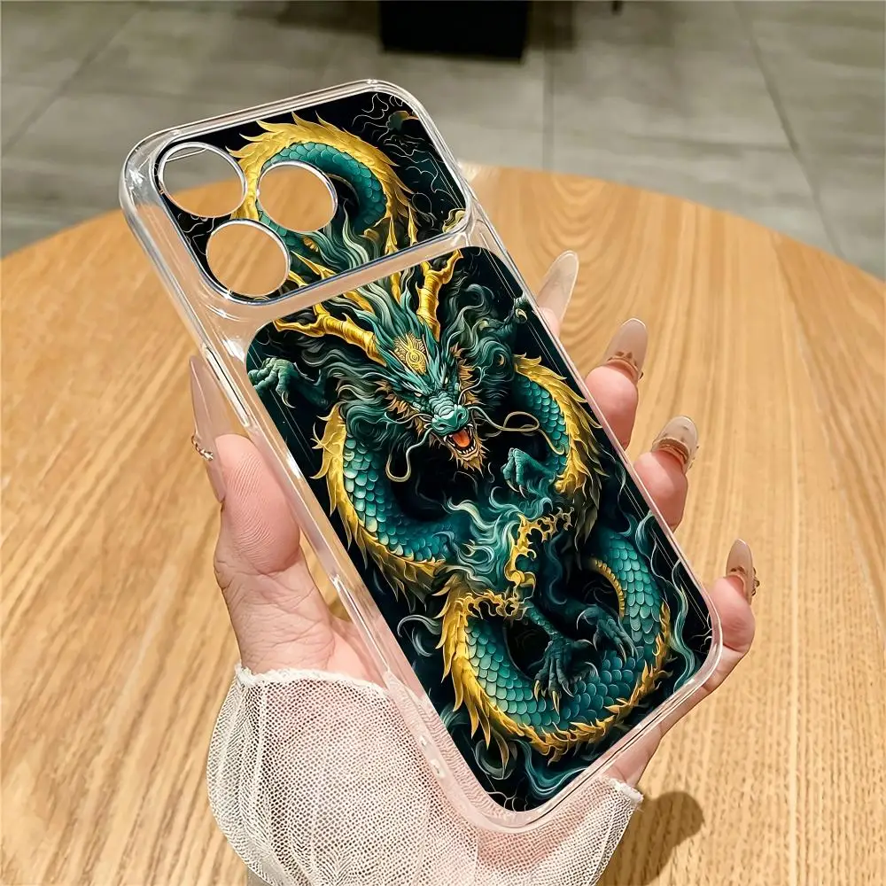 Green Dragon design transparent phone case suitable for iPhone 17 16 15 14 13 12 11 Pro/Max/Plus anti drop and shockproof