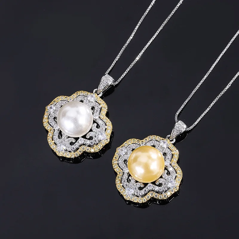 Jewelry Inlaid with Gold White Shell Beads Light Gold Color Electroplating Fashion Diamond Pendant Necklace 14mm