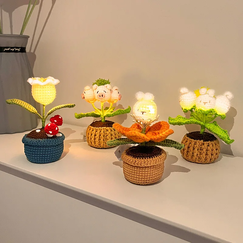 Wool Flower Finished Product Handmade DIY Crochet LED Lily Artificial Flower Potted Plant Handknitted Woven Creative Gift