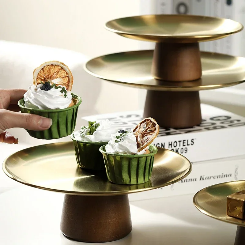 Stainless Steel Tray Fruit Bowl with Wooden Base Partitioned Candy Bread Cake Dessert Table Plates Kitchen Dinnerware Tableware