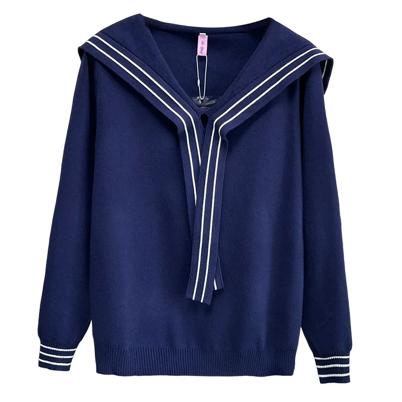 

XXXXL модные женские свитера больших размеров, новый осенний стиль молодежной ленты, вязаные джемперы с матросским воротником 5196