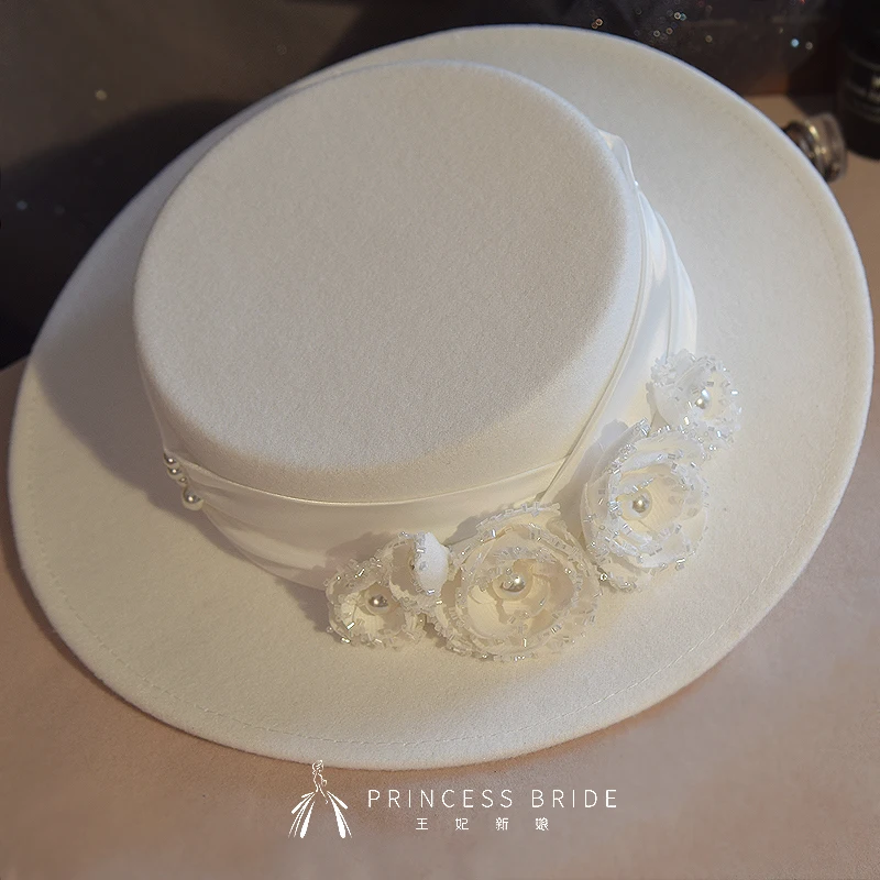 French style Satin Flat Formal Fedora Cap Headwear 3D flower petal Pearls Wedding Hat Bride Photo Shoot Church Fedoras Headpiec