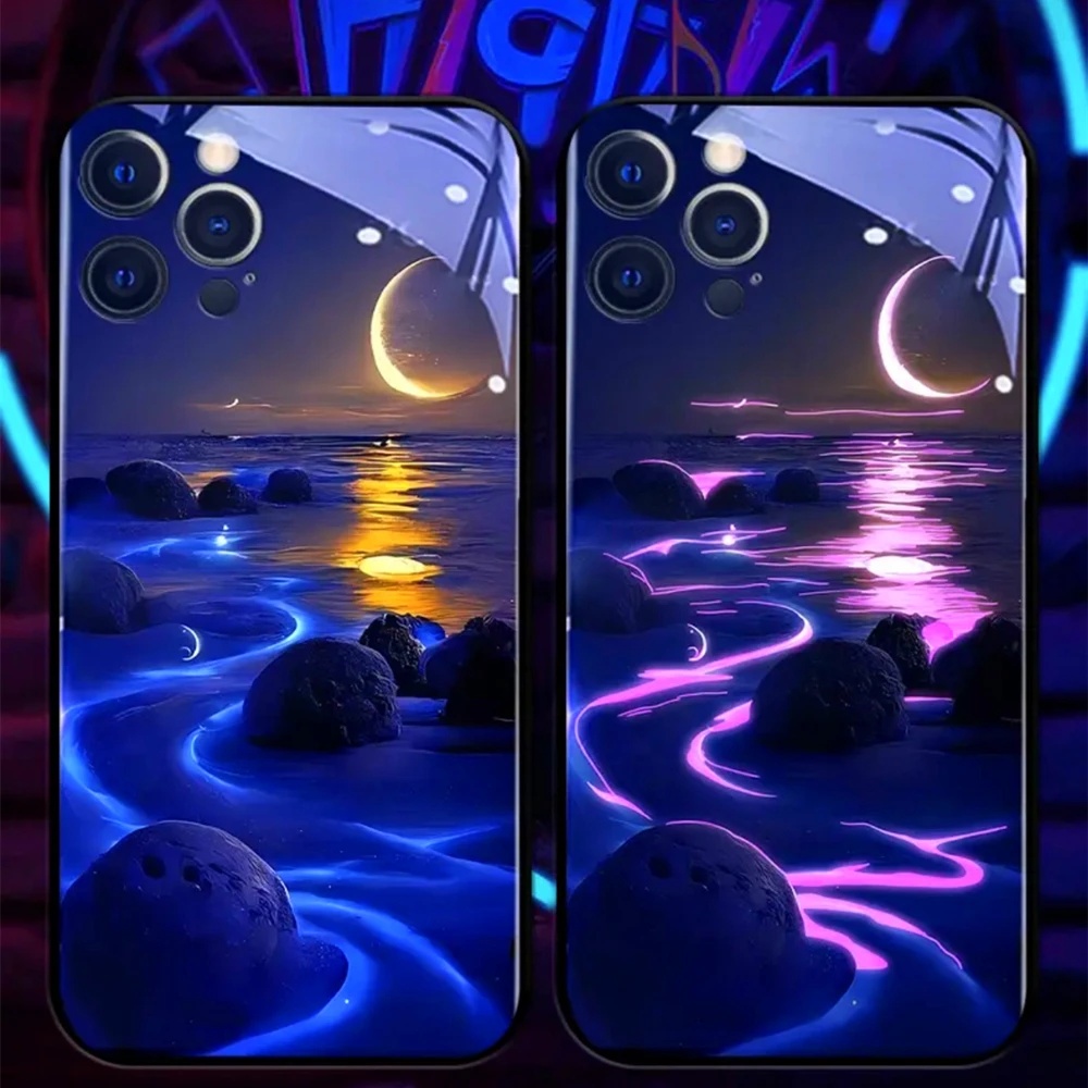Pretty Moonlight Beach LED Light Up Case Glass Luminous Back Cover For Samsung S25 S24 S23 S22 S21 S20 FE Note 10 20 Plus Ultra
