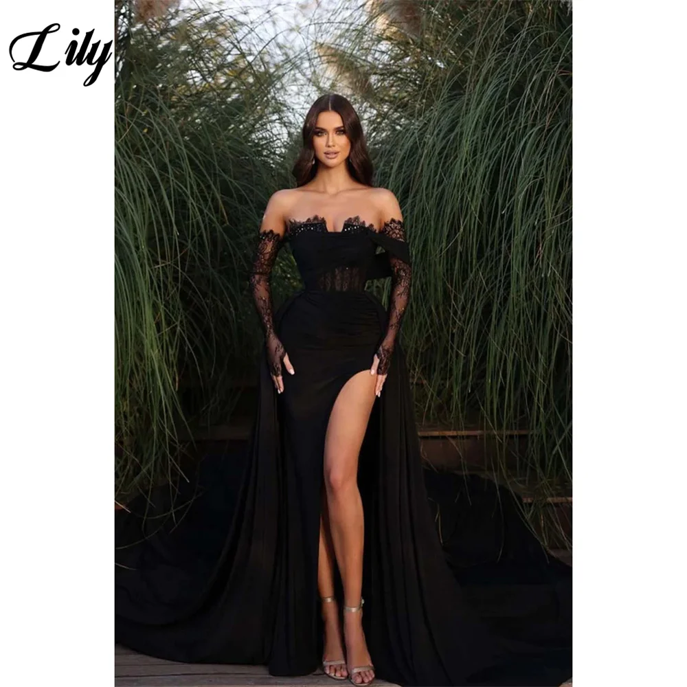 

Lily Lace Off The Shoulder Party Dresses For Wedding Sweetheart Side Split Black Prom Dresses Court Train Stain Mermaid 프롬드레스