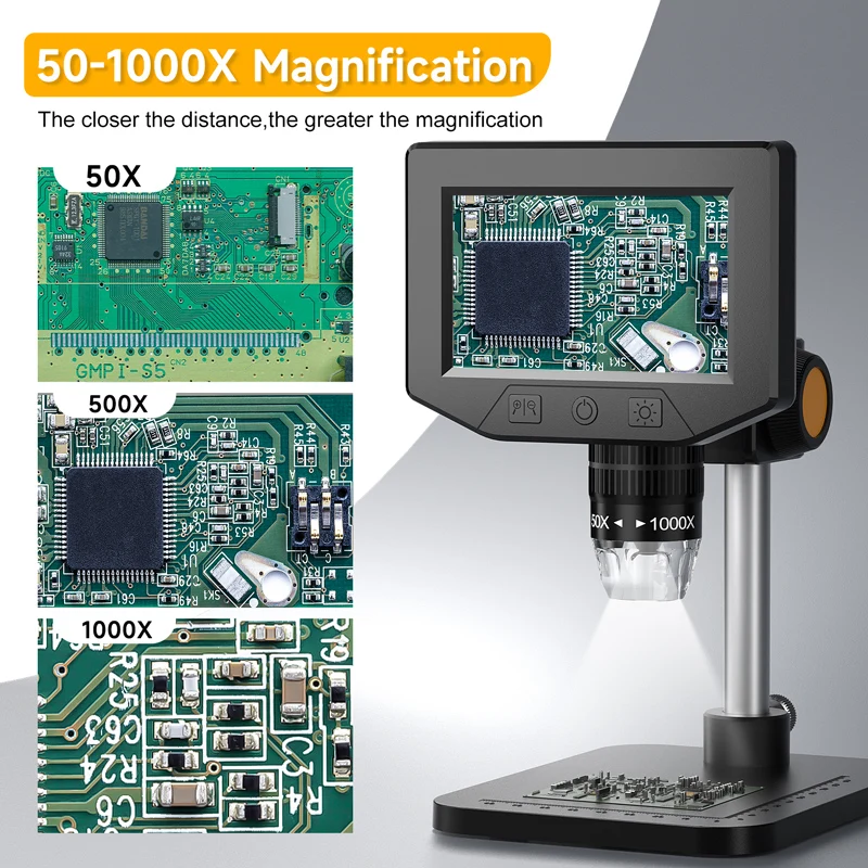 Imagen 7: Microscopio Electrónico HD de 4.3'' con Cámara, 50-1000X, Lupa para Soldadura, Reparación de Teléfonos, Monedas, PCB, Visión de PC