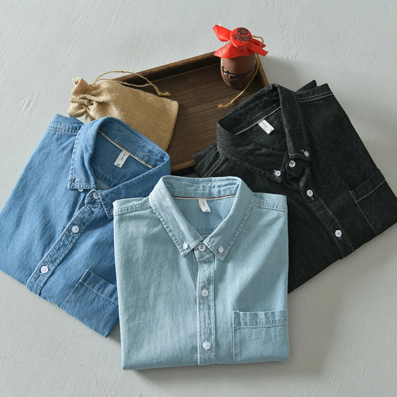 

Мужская джинсовая рубашка из 100% хлопка с длинным рукавом, повседневная, в стиле High Street, классическая, удобная, для ежедневной носки, светло-голубая, черная, темно-синяя