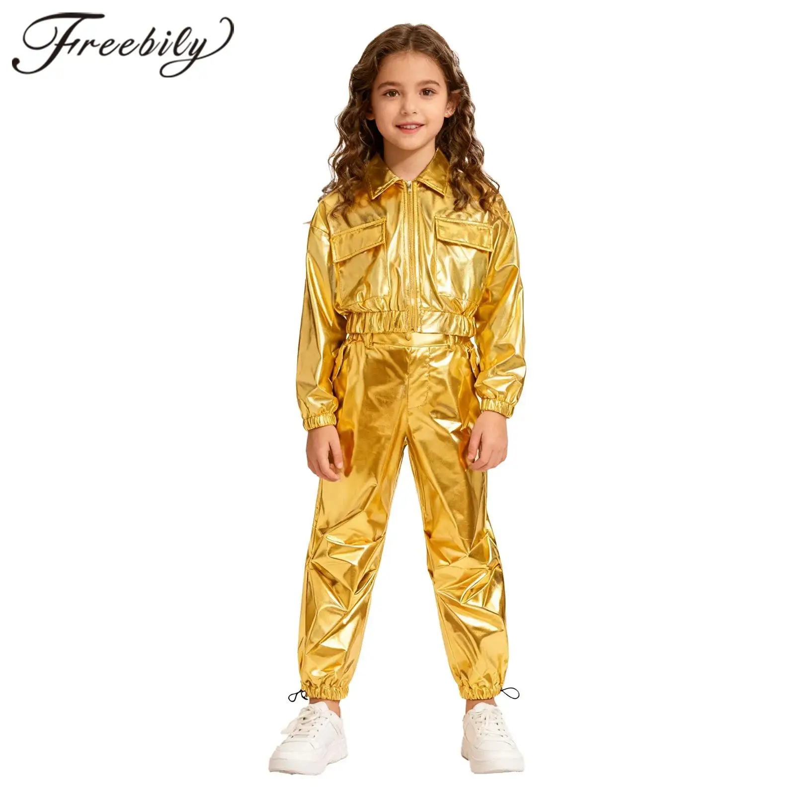 

Kids Boys Hip-Hop Metallic Jacket + Cargo Pants Hip Hop Clothing Sets Fashion Girls Streetwear Disco Party Jazz Dance Outfit